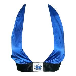 AUTH Christian Dior SS22 Blue Black Dior Vibe Satin Halter Tie Crop Tank Top